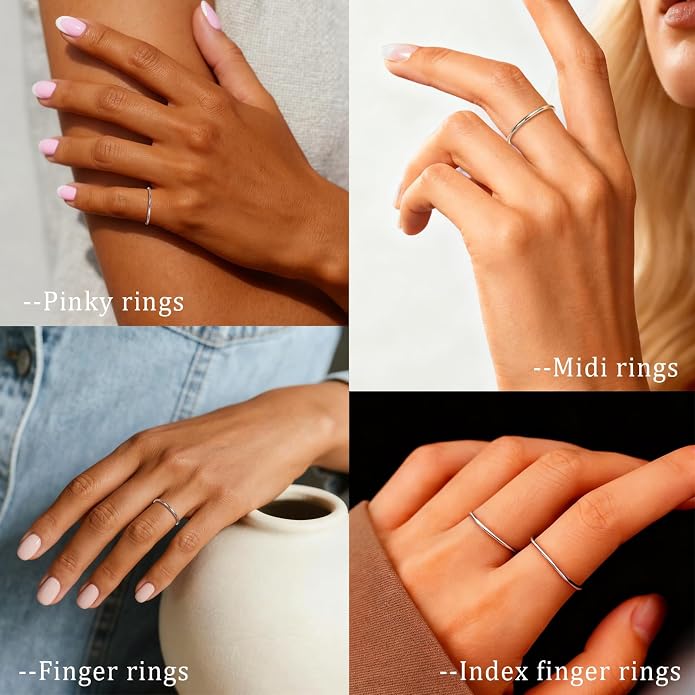 CANDYFANCY 925 Sterling Silver 1.2mm Stacking Midi Thin Rings Thumb Pinky Ring Stack Knuckle Rings for Women Band Ring Size 2.5-8.5