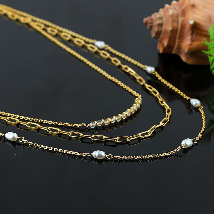 Beads With Pearl 3 Layered Necklaces for Women 14k Gold Plated Dainty Stackable Choker Necklaces for Women Trendy Layering, Cuban Link, Paperclip Chain, For Women Gifts