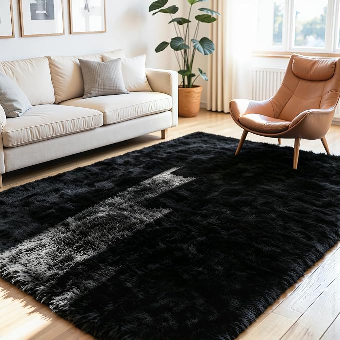 4x6 Area Rug for Living Room, Ultra Soft Fluffy Black Rugs for Bedroom, Non Slip Large Shag Carpet, Fuzzy Plush Nursery Rug, Thick Washable Indoor Floor Carpets for Kids Office Dorm Home Decor