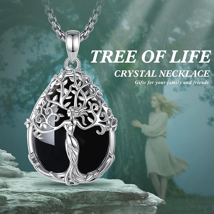 AEONSLOVE Tree of Life Necklace with Crystal for Women, Amethyst/Obsidian/Turquoise/Moonstone/Malachite Crystal Pendant Necklaces for Ladies