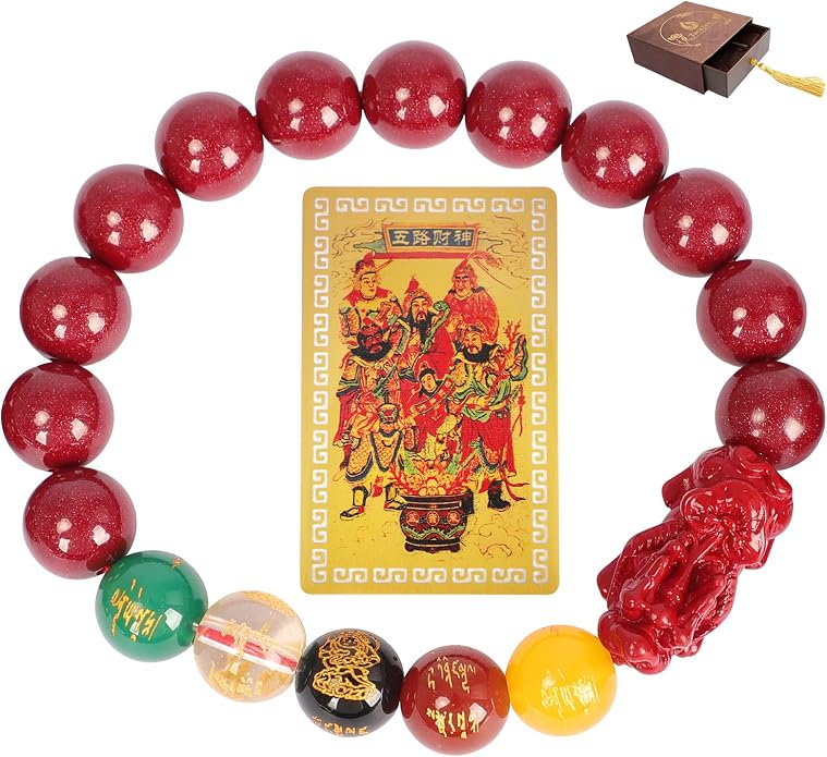 Five Roads Wealth God Cinnabar Pixiu Bracelet - Feng Shui Red String Bracelet for Good Luck & Money Attraction, Fortune Blessing for Men & Women, Adjustable Lucky Charm Bracelet (Classic & Cinnabar Options, 8/10/12mm)