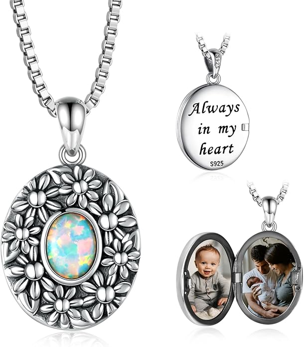 Sterling Silver Locket Necklace for Woman Vintage Opal Locket Necklace That Holds Pictures Always in My Heart Photos Daisy Flowers Locket Jewelry Gifts