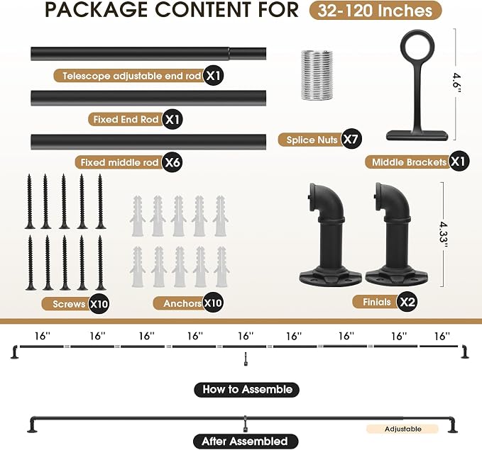 Blackout Curtain Rods 66-120 Inch Adjustable Heavy Duty - 1 Inch Diameter Wrap Around Design for Room Darkening, Indoor/Outdoor Use, Modern Drapery Rod for Windows & Room Divider