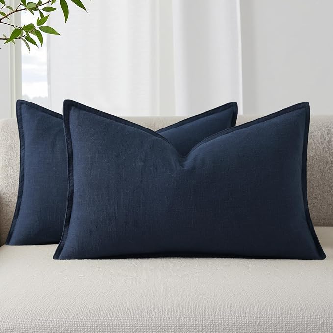 decorUhome Fall Navy Blue Linen Throw Pillow Covers 12x20 Set of 2 | Decorative Soft Cozy Modern Farmhouse Boho Accent Pillow Cases with Flange Edges for Couch Bed Sofa Living Room Home Decor