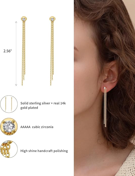 S.Leaf S925 Sterling Silver Threader Chain Earrings 18K Gold Plated Cubic Zirconia Dainty Dangle Double Piercing Long Drop Dangly Pull Through Tassel Chain Earrings Gifts for Women