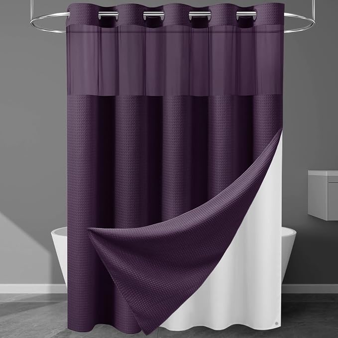 EUTXL Heavyweight Purple Hotel Style Shower Curtain with Snap in Liner - 256GSM Waffle Textured,Hotel Grade,Spa Like Bath Curtain,71W x 74H