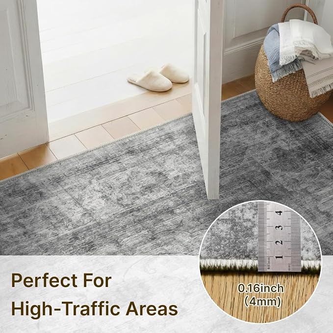 3x5 Area Rug for Living Room-Vintage Farmhouse Boho Floral Washable Stain Resistant Indoor Carpet for Bedroom Office and Home Decor(Ashen Black)