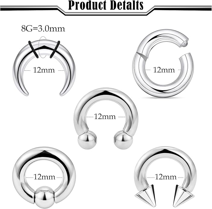 Septum Rings 16G 14G 12G 10G 8G 6G 4G 2G Surgical Steel Septum Stretching Kit Septum Pincher Tapers Gauge Kit Nose Ring Hoop Horseshoe Helix Tragus Daith Rook Piercing Jewelry for Women Men
