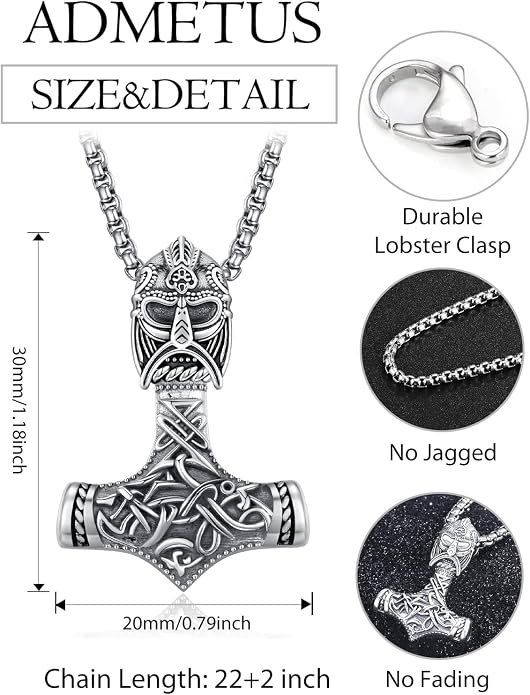 ADMETUS 925 Sterling Silver Thor Hammer Necklace Viking Mjolnir Pendant Jewelry Gifts for Men with 2.5mm 22"+2" Rolo Chain