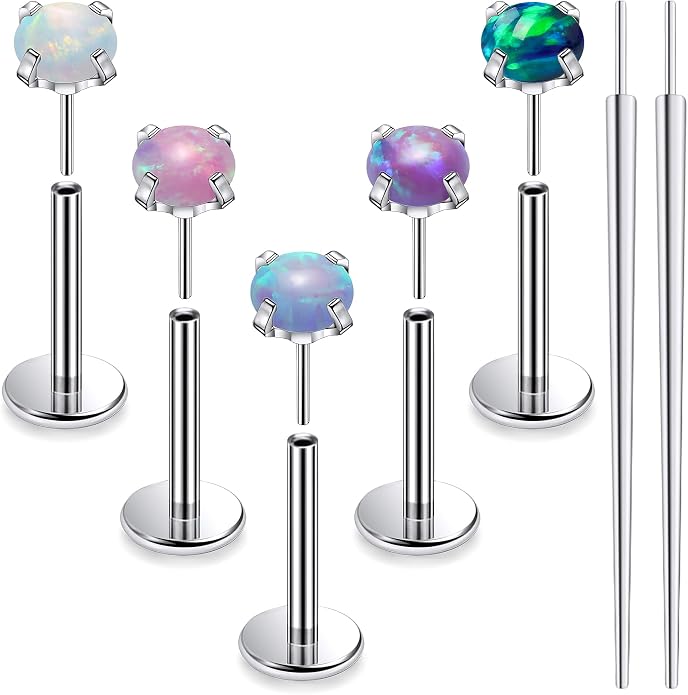 Ruifan Titanium Flat Back Lip Rings Threadless Push in Earrings Studs Nose Rings 20G 18G 16G Mix Colors Opal Tragus Cartilage Lobe Rook Helix Conch Labret Medusa Nostril Piercing Jewelry for Women Men