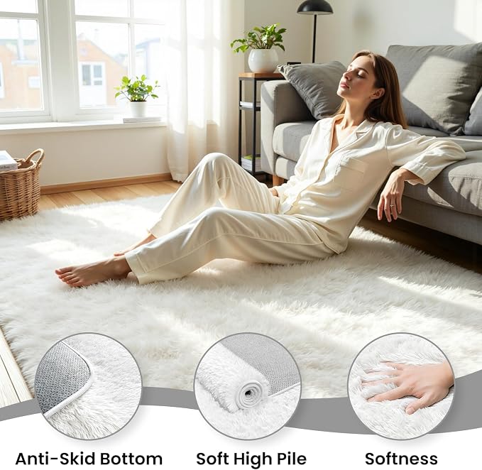 4x6 Area Rug for Living Room, Ultra Soft Fluffy White Rugs for Bedroom, Non Slip Large Shag Carpet, Fuzzy Plush Nursery Rug, Thick Washable Indoor Floor Carpets for Kids Office Dorm Home Decor