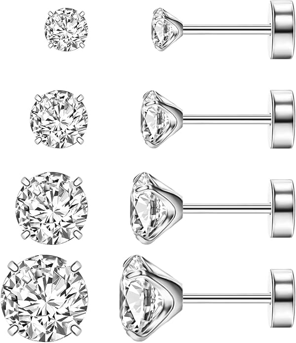 XUU Flat Back Stud Earrings, Implant Grade Titanium Earrings Set for Women, Hypoallergenic 20G Screw Back Earrings for Sensitive Ears, 3–6mm CZ Crystal, Gold Silver Black