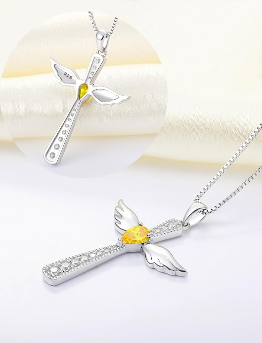 YL Cross Necklace 925 Sterling Silver Angel Wings Pendant Teardrop Birthstone Criss Jewelry for Women