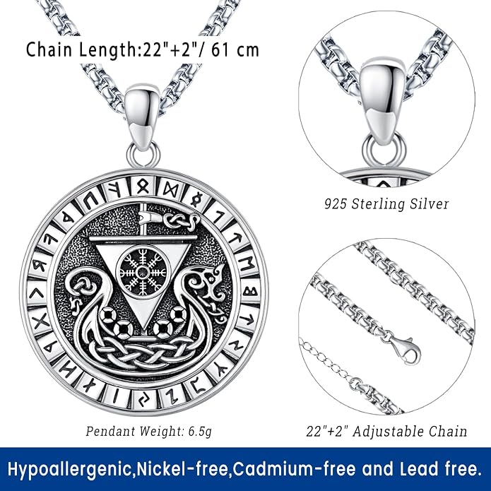 Eusense Viking Necklace for Men Women 925 Sterling Silver Pendant Thors Hammer/Norse Runes/Odin's Ravens/Wolf/Dragon/Snake/Yggdrasil/Freya/Helm of Awe/Valknut/Triskelion/Axe/Shield Viking Jewelry