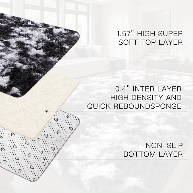 Sour Lemon 8x10 Area Rugs for Bedroom Living Room, Large Fluffy Shag Grey | Shaggy Carpet, Soft Plush Furry Bedside Rugs, Anti Slip, Washable Area Modern Rugs Floor Mat for Kids Girls Boys Living Room