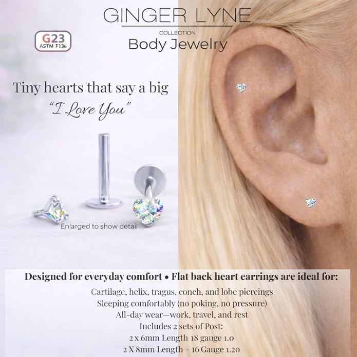 Titanium Heart CZ Labret Stud Earrings for Piercings by Ginger Lyne 6Pc Set G23 Screw Front Flat Back Body Jewelry 2 pair post 6mm, 8mm Cartilage, Helix, Tragus, Lip, Conch, Lobe