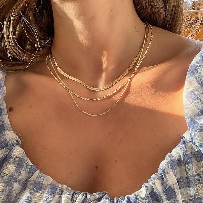 Tewiky Layered Necklaces for Women Non Tarnish- Chunky 14k Gold Plated Herringbone/Snake/Rope/Box/Cuban Link Chain for Women Waterproof Layering Stack Choker Necklace Trendy Dainty Tarnish Free Jewelry Set