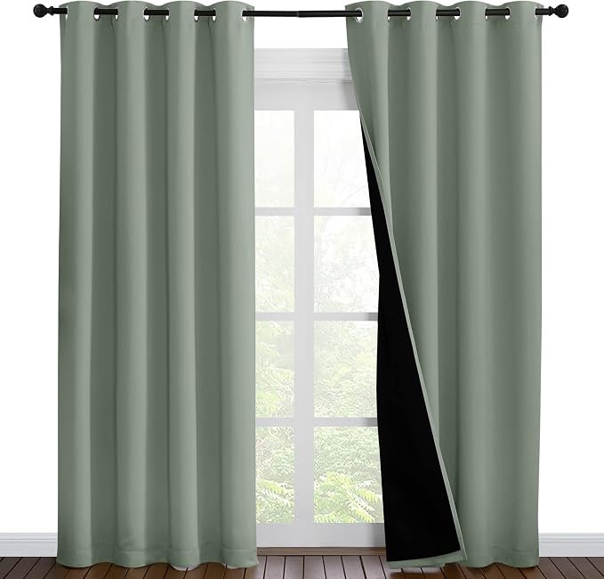 NICETOWN 100% Blackout Window Curtain Panels, Cold and Full Light Blocking Drapes with Black Liner for Nursery, 86 inches Drop Thermal Insulated Draperies (Greyish Green, 2 Pieces, 55" Wide per Panel)