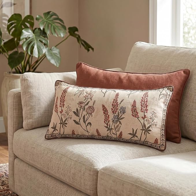 ISAENNE Designer Linen Throw Pillow Cover,Set of 2,28"x12"-Helena A | Elegant French Rectangle Pillow Cover,Concealed Zipper Design,Floral Pattern,Sofas,Bedroom,Living Room,Lounge Chairs