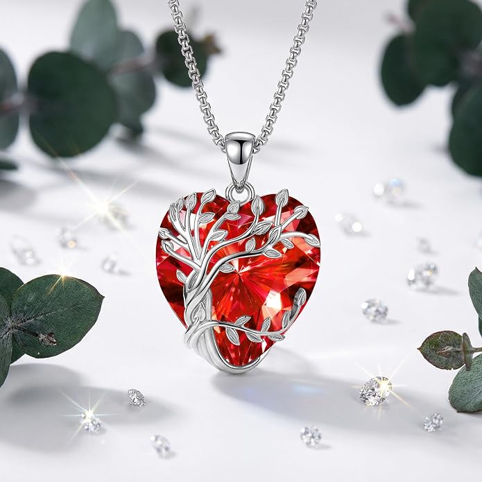 Eusense Tree of Life Necklace for Women White Gold Plated Copper Moonstone/Turquoise/Black Onyx/Crystal Birthstone Pendant Jewelry Gifts for Women Men