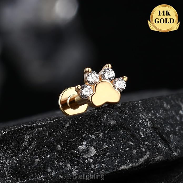 Melighting 14K Solid Gold Paw Dog Cartilage Earring Internally Threaded 16G Helix Piercing Jewelry Clear CZ Helix Earring for Women 8mm Flat Back Stud Earring