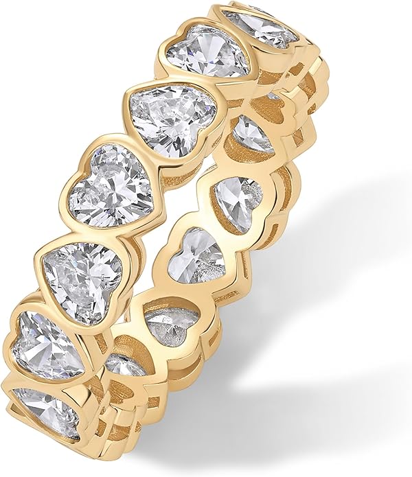 PAVOI 14K Gold Plated Heart Ring for Women - Heart-Shaped Cubic Zirconia Eternity Rings for Women - Stackable Wedding Band for Brides - Cute Valentines Day Love Promise Jewelry Gifts
