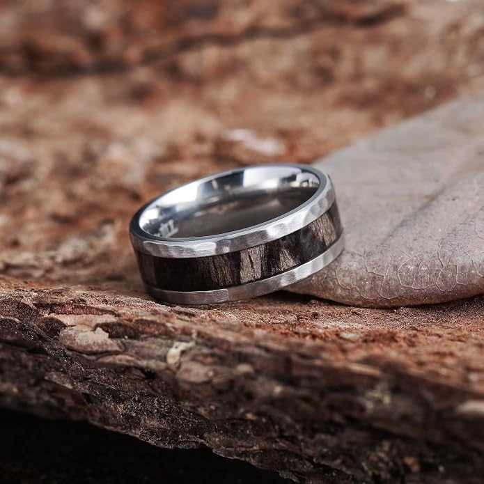 King Will 8mm Silver Hammered Titanium Ring Center Inlaid Wood Wedding Band for Men Hammered Wood Titanium Rings Polish Comfort Fit
