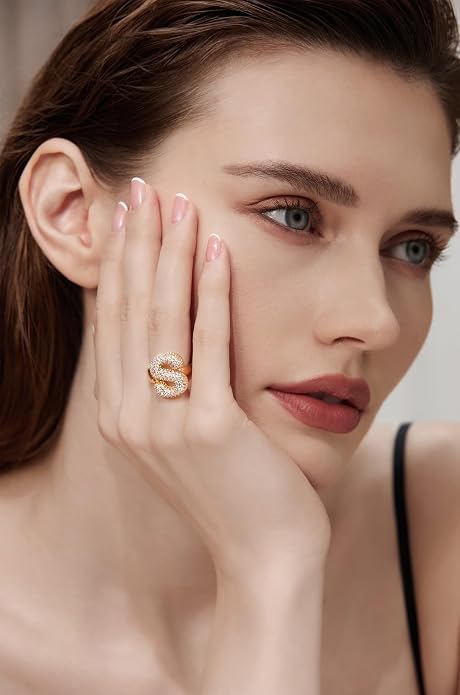 Cicy Bell Initial Rings for Women 14k Gold Plated Cubic Zirconia Delicate Letter Chunky Statement Open Rings Gifts for Her