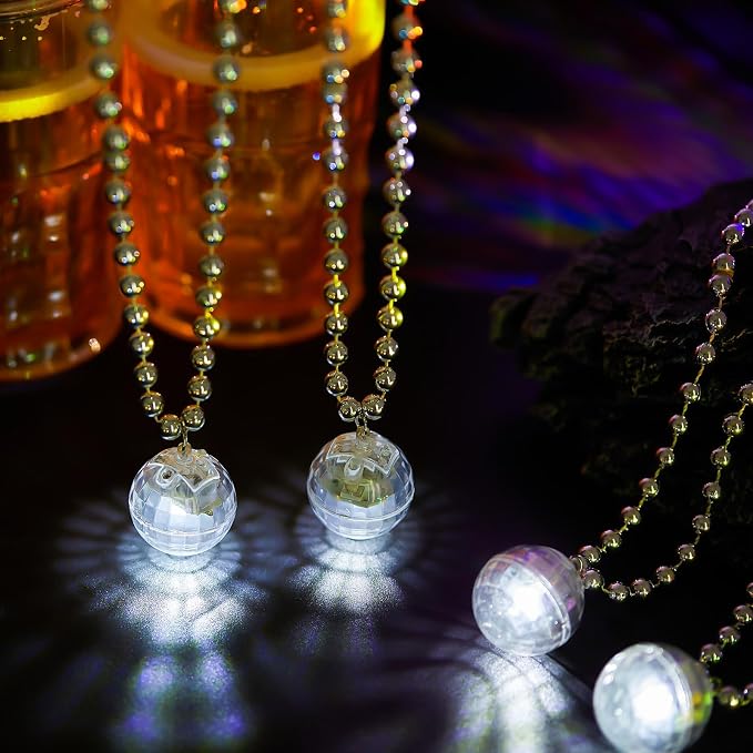 Sasylvia 12 Pcs LED Disco Ball Necklaces Light up Bead Necklaces 70s Disco Party Favors Glow in The Dark Bead Jewelry Costume Accessories for New Year Party Dance Supplies(Silver, White)