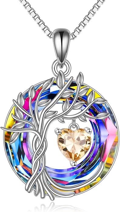POPLYKE Mothers Day Gifts for Mom Her Wife Tree of Life Necklace 925 Sterling Silver Birthstone Pendant with Crystal Anniversary Birthday Wedding Jewelry for Women