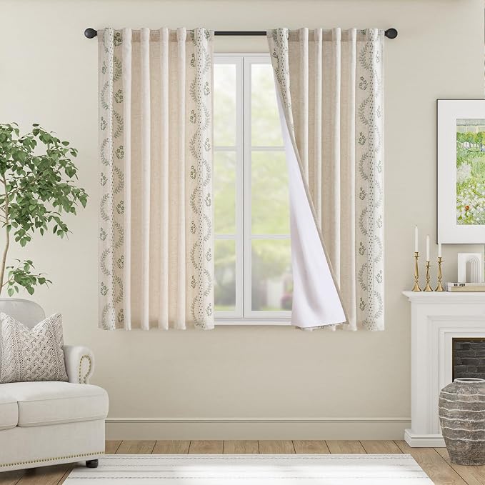 jinchan Floral Lined Linen Curtains 63 Inch Rod Pocket 2 Panels Sage Green | Embroidered curtains,privacy lining,boho curtains,light filtering,living room,bedroom,flower patterned,window treatment