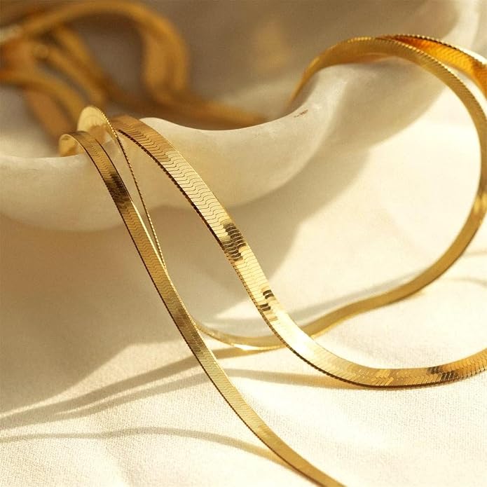 NECOCY 14K Gold Plated Necklaces for Women, Dainty Gold Herringbone Choker Necklace Thin Layered Snake Chain Jewelry for Gifts