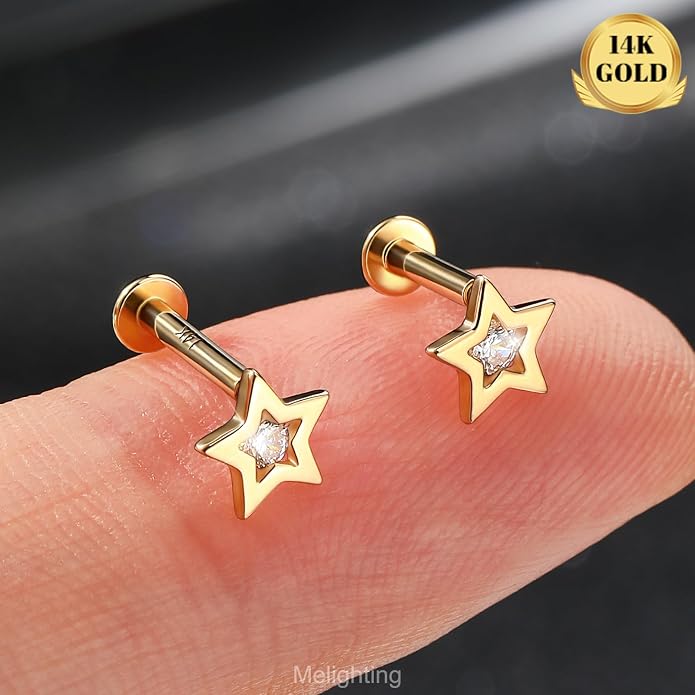 Melighting 14K Solid Gold Helix Piercing 16G Star Internally Threaded Flat Back Earring Clear CZ Tragus Stud Cartilage Conch Lobe Piercing Jewelry for Women 6 mm