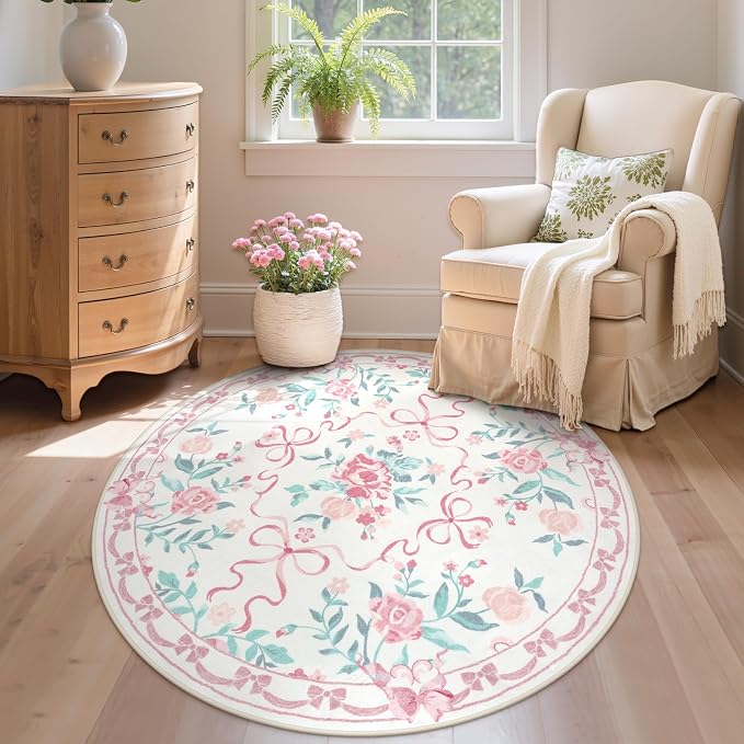 Collive Pink Bow Round Rugs for Girls, 4ft Floral Washable Circle Rug for Bedroom, Cute Ultra-Thin Non Slip Indoor Decor Carpet for Nursery Kids Room Playroom Living Room