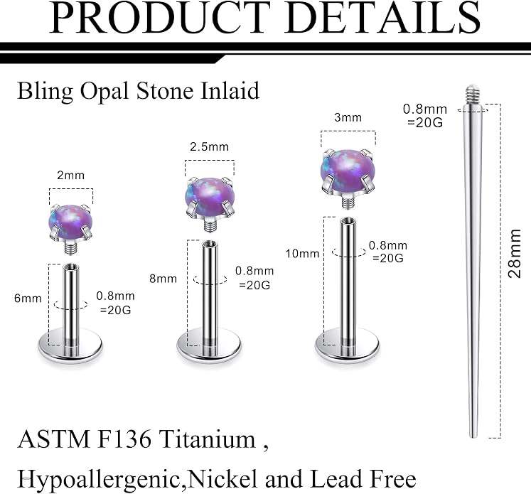 Ruifan Titanium Flat Back Lip Rings Externally Threaded Earrings Studs Nose Rings 20G 18G 16G Round Opal Tragus Cartilage Lobe Rook Helix Conch Labret Medusa Piercing Jewelry for Women Men