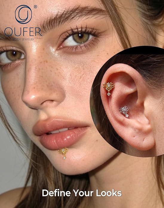 OUFER Silver Flat Back Earrings-16G Gold Forward Helix Piercing Jewelry, Internal Thread Clear CZ Pendant Helix Cartilage Tragus Conch Lobe Piercing Jewelry