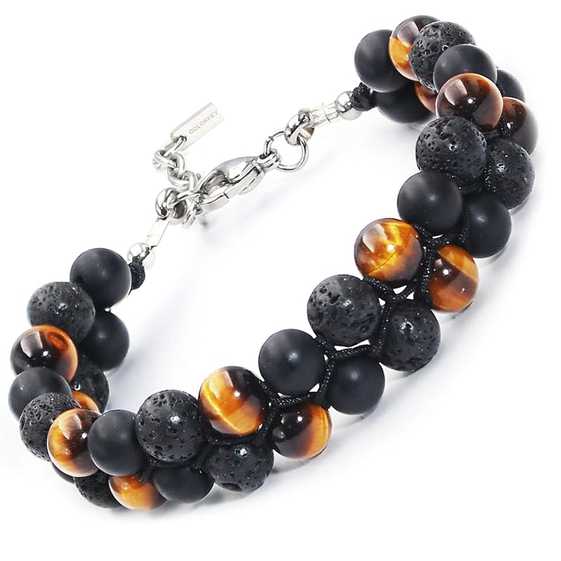 Triple Protection Bracelet for Men Women, Authentic Mens Bracelet Genuine Tiger Eye Black Onyx Lava Rock Crystal Bracelets, 8”Adjustable Beaded Bracelet for Men Grounding and Confidence