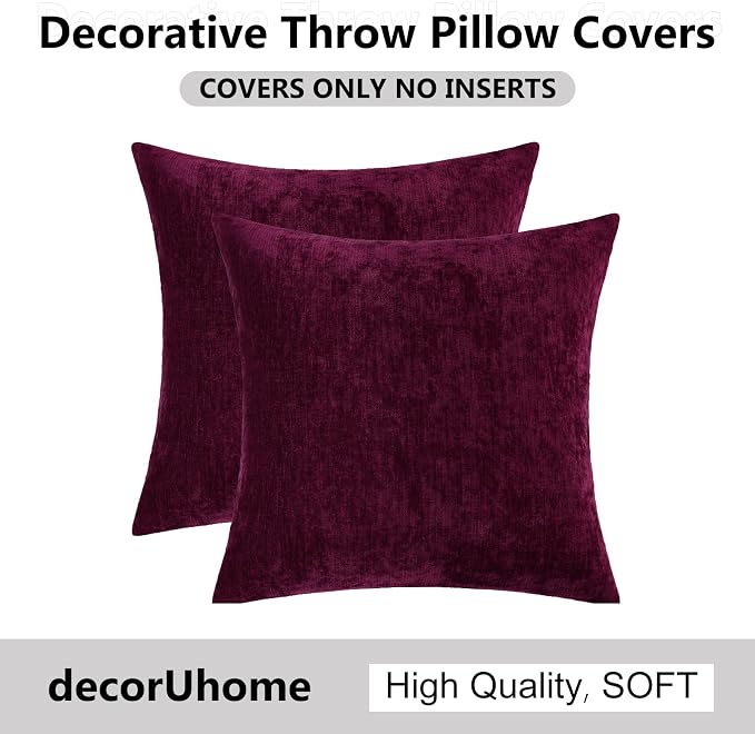 decorUhome Soft Chenille Burgundy Throw Pillow Covers 16X16 Set of 2 | Decorative Fall Couch Pillow Covers Solid Dyed Accent Modern Farmhouse Neutral Square Pillow Cases for Sofa