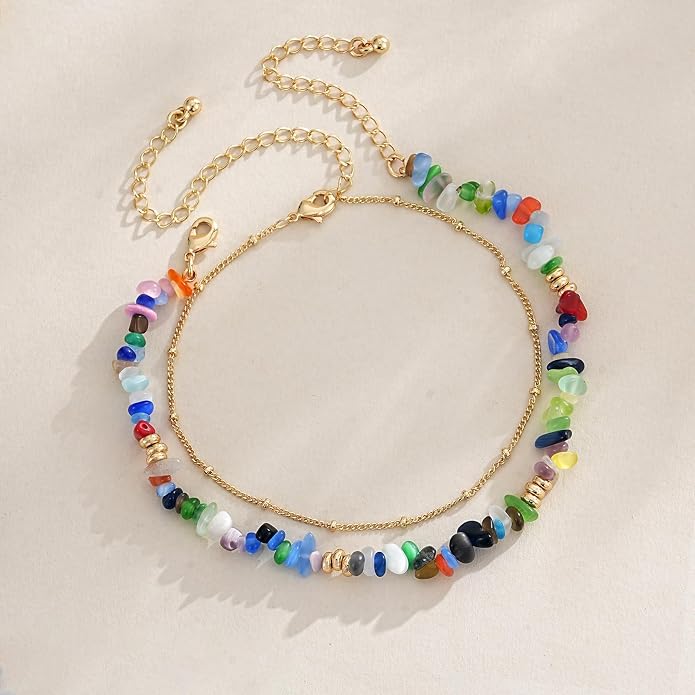 Ankle Bracelet for Women Natural Stone Colorful Beaded Boho Layered Anklet 14K Gold Plated Adjustable Beads Chain 2Pcs Anklets Set Handmade Summer Beach Jewelry