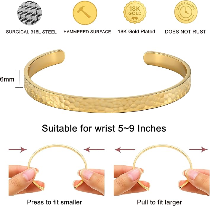 Inspirational Bible Verse Cuff Bracelet for Women, 18K Gold Plated Hammered Bangle, Christian Faith Jewelry Gift, Adjustable Non Tarnish
