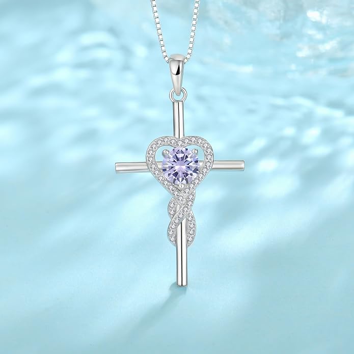 Cross Necklace for Women 925 Sterling Silver Infinity Birthstone Pendant Necklace Religious Christian Jewelry Gifts Wife Mom Her