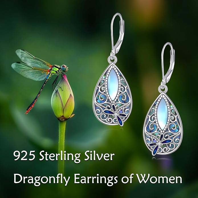 MONGAS Dragonfly Filigree Earrings Sterling Silver Moonstone Teardrop Abalone Drop Dangle Earrings Filigree Leverback Dragonfly Jewelry Gifts for Women