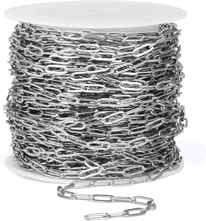 [33 Ft] Stainless Steel Paperclip Chains Roll, 2.5mm Width 304 Stainless Steel Oval Link Chains Spool Bulk for Jewelry Making