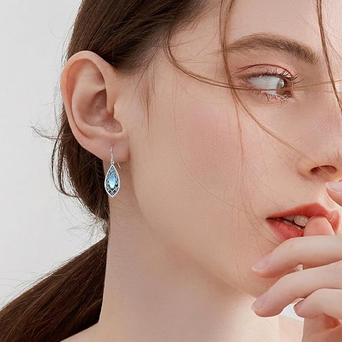 Filigree Earrings Boho Teardrop Dangle Earrings with Moonstone Blue Enamel Drop Earrings Vintage Jewelry Gift for Women