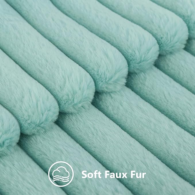 decorUhome Fall Faux Fur Throw Pillow Covers 24x24 Set of 2 Aqua | Decorative Soft Cozy Striped Plush Modern Farmhouse Boho Couch Pillow Cases Velvet Back for Sofa Bed Living Room Home Decor
