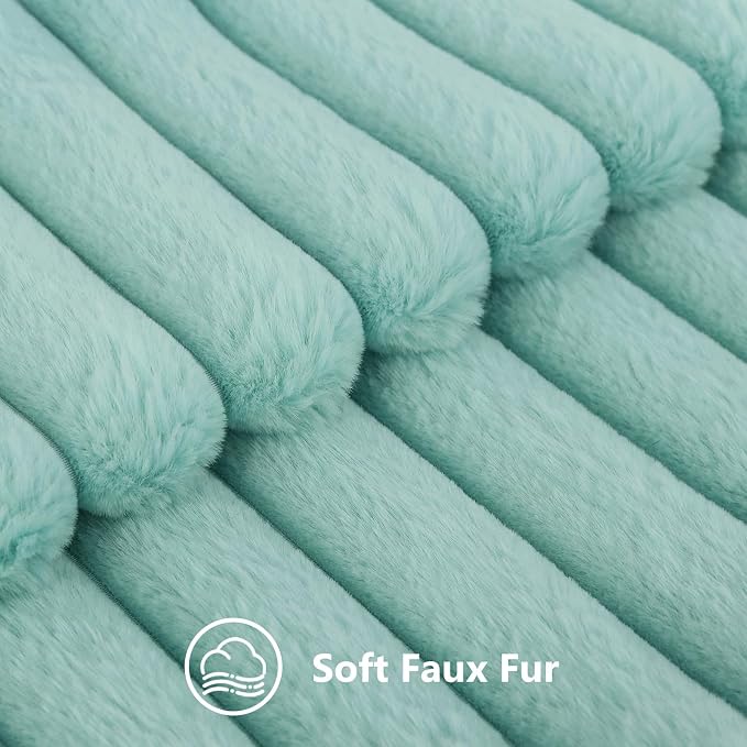 decorUhome Fall Faux Fur Throw Pillow Covers 12x20 Set of 2 Aqua | Decorative Soft Cozy Striped Plush Modern Farmhouse Boho Couch Pillow Cases Velvet Back for Sofa Bed Living Room Home Decor