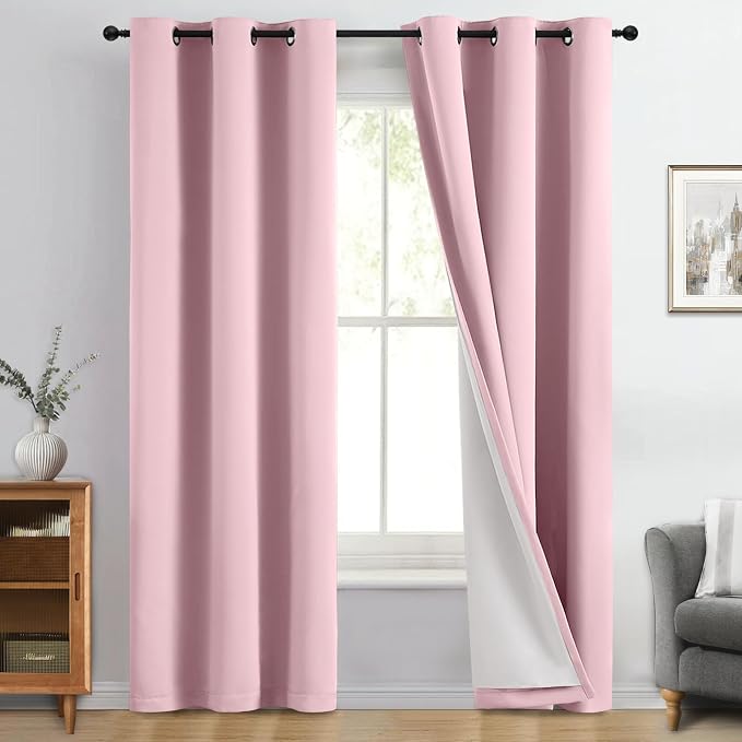 Yakamok Pink 100% Blackout Curtains 84 Inches Long for Bedroom 40" Wide | Blackout Curtain Panels for Bedroom, 2 Thick Layers Grommet Top Thermal Insulated Drapes with White Back for Living Room