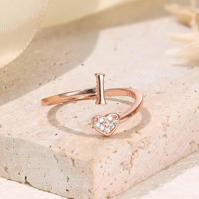 MILACOLATO 925 Sterling Silver Initial Rings for Women Teen Girl 18K Gold Plated Heart Initial Rings Adjustable Capital Letter Ring Stackable Thumb Pinky Rings for Daughter Birthday Bridesmaid Gifts Jewelry, A to Z