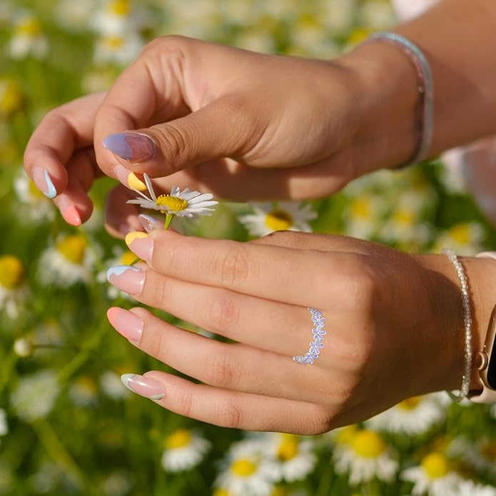 S925 Sterling Silver Dainty Daisy Flower Rings for Women, I Think Of You Every Daisy, 12 Month Birth Flower Ring