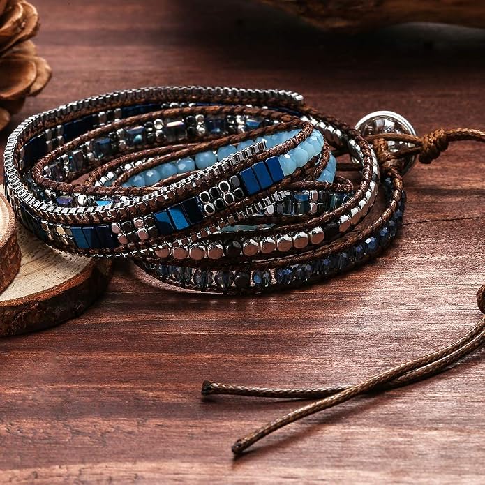 Plumiss Women Boho Handmade Natural Stone Crystal Leather Bead Wrap Bracelets Collection